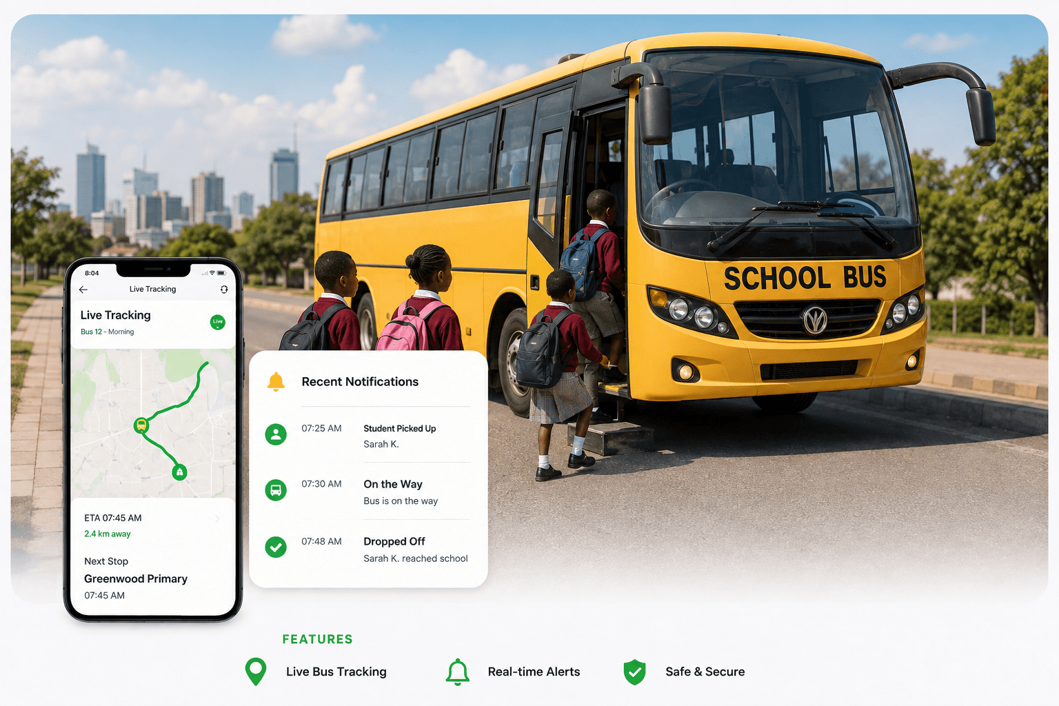 NavKids Africa school bus with students and live tracking