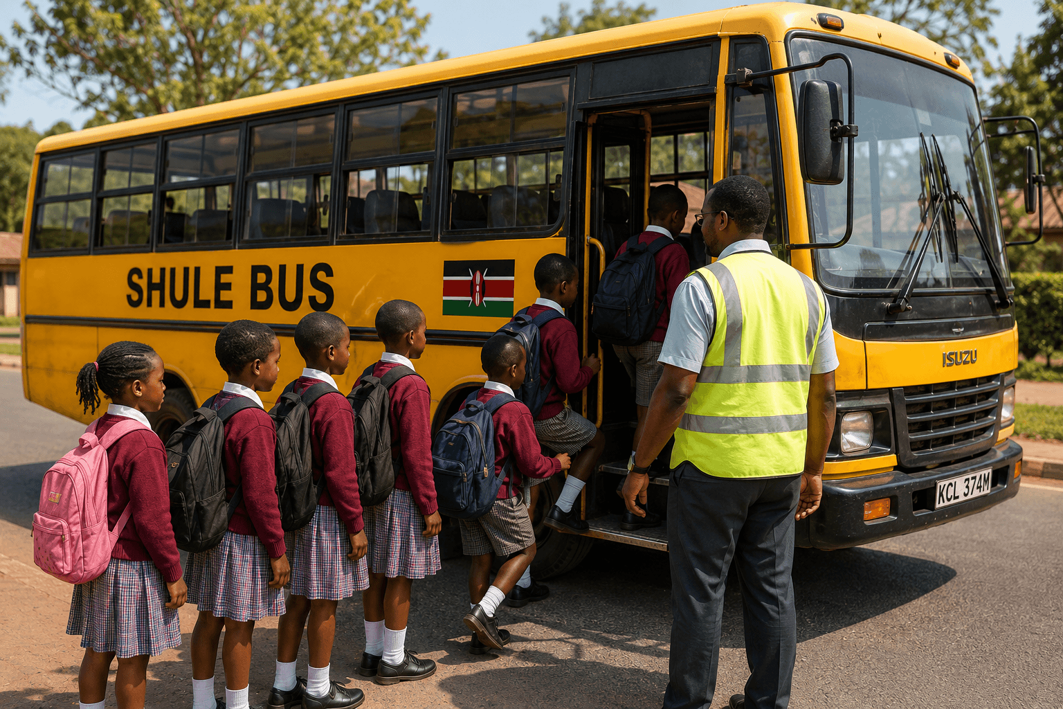 Students boarding a school bus safely